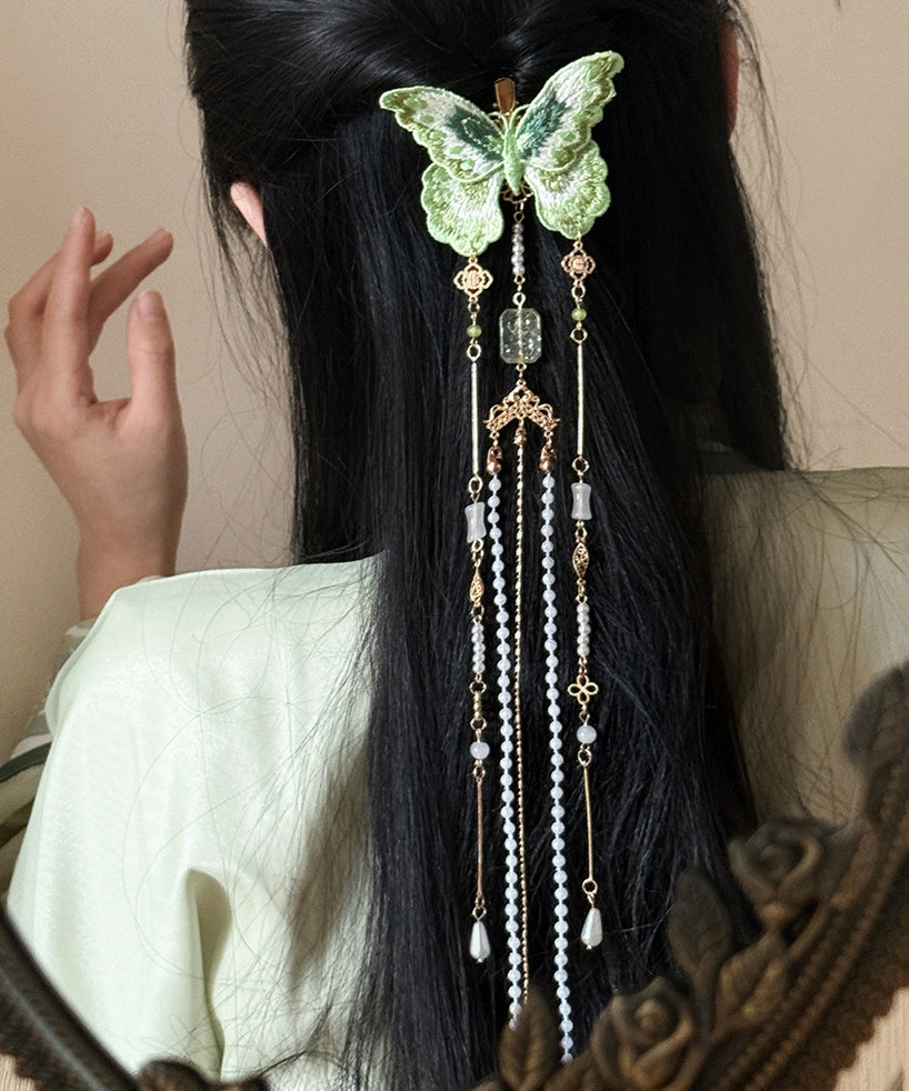 Épingle à cheveux papillon brodée de perles de cuivre vert style chinois - TrendAura