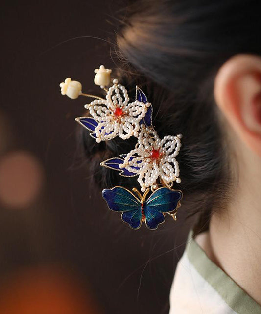 Épingle à cheveux papillon en argent sterling multicolore de style chinois avec perles surdorées - TrendAura