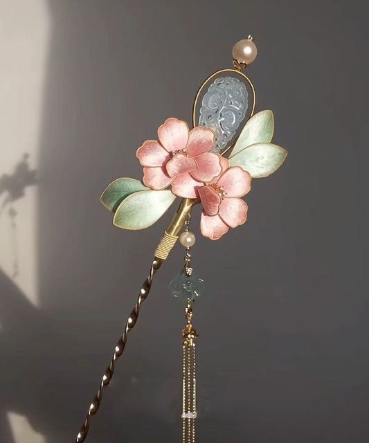 Épingle à cheveux à pompon en jade et fleur de pivoine rose antique de style chinois - TrendAura