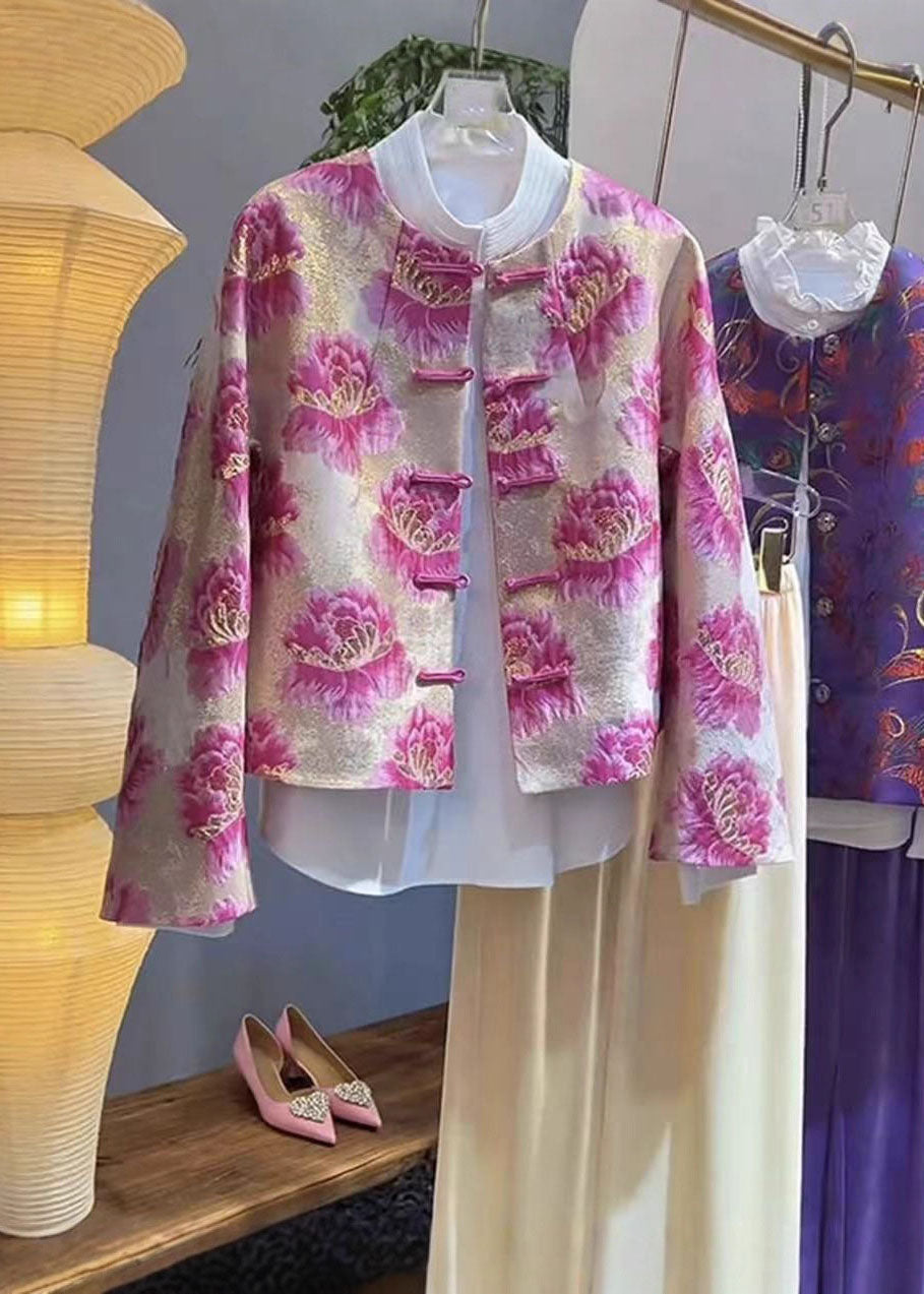 Manteaux imprimés roses à col rond style chinois - TrendAura