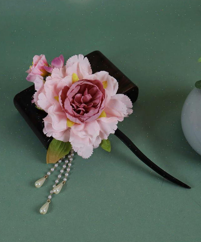Épingle à cheveux à pompon en bois rose de style chinois avec perles et pivoine - TrendAura