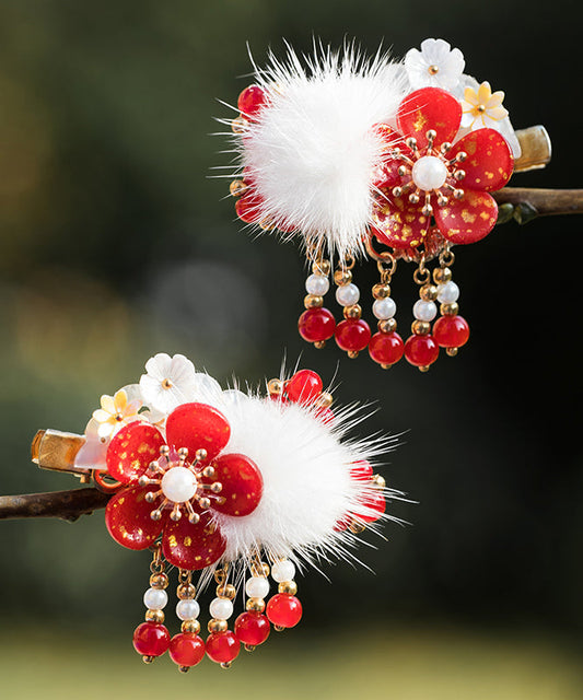 Épingle à cheveux pour enfants, style chinois, en alliage rouge, perle, fleur de prunier, vison, velours, pompon - TrendAura