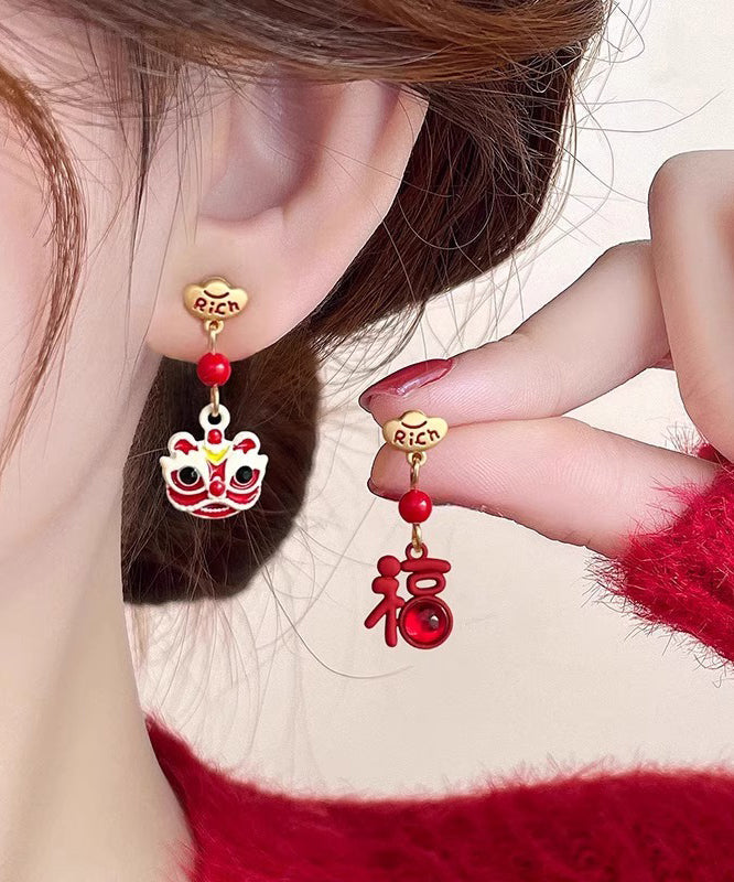 Boucles d'oreilles pendantes asymétriques en alliage d'argent sterling rouge de style chinois, motif lion - TrendAura