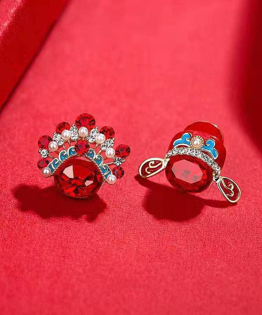 Boucles d'oreilles à tige asymétriques en argent sterling rouge et zircon surdoré de style chinois - TrendAura