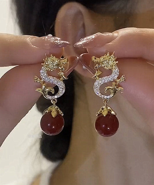 Boucles d'oreilles pendantes en forme de dragon, en argent sterling rouge et zircone surdoré, style chinois - TrendAura