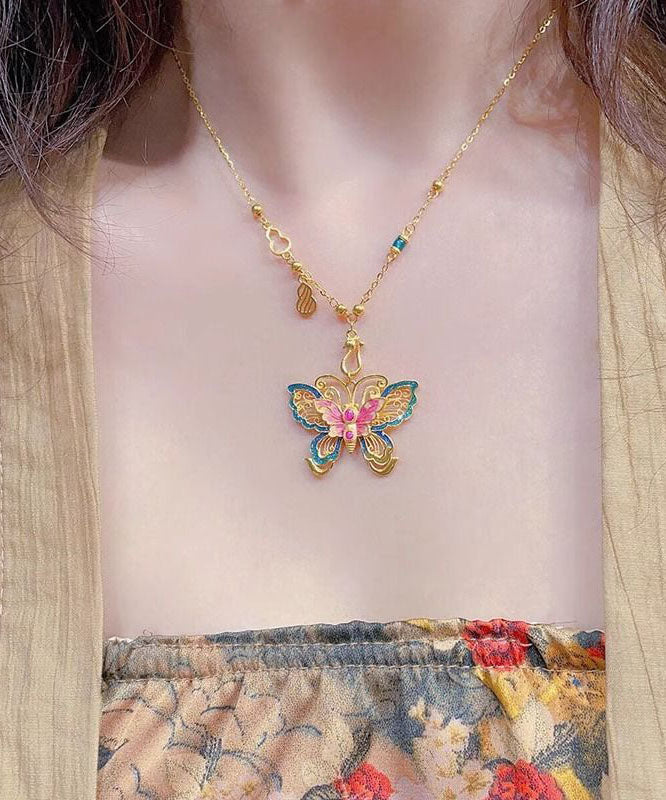 Collier pendentif papillon en argent sterling émaillé surdoré de style chinois - TrendAura