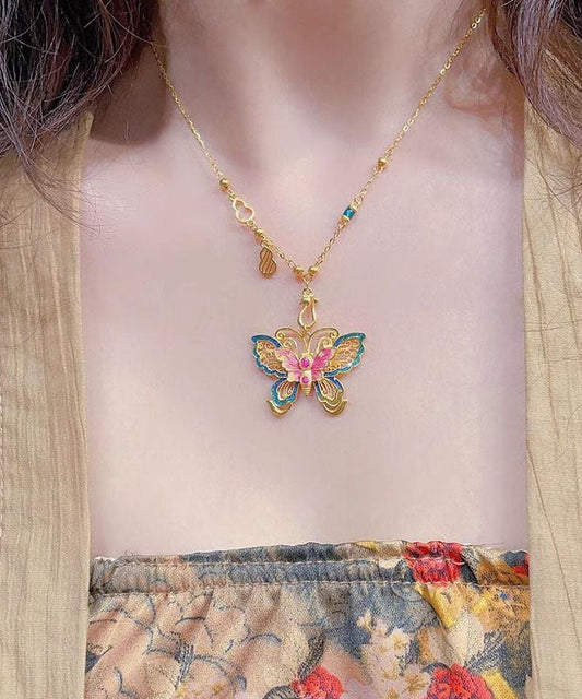 Collier pendentif papillon en argent sterling émaillé surdoré de style chinois - TrendAura