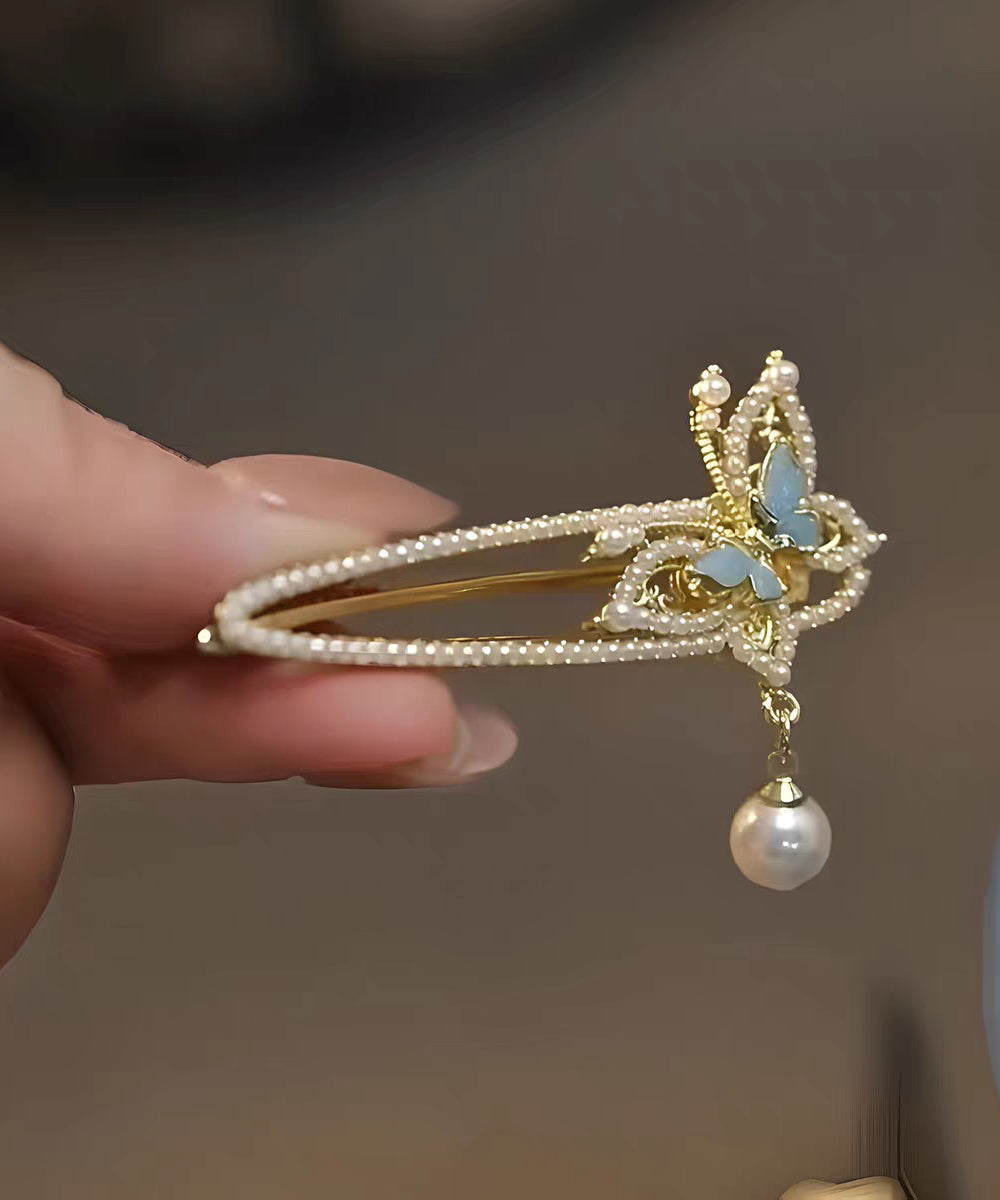 Épingle à cheveux à pompon en alliage blanc de style chinois avec perles et papillon - TrendAura