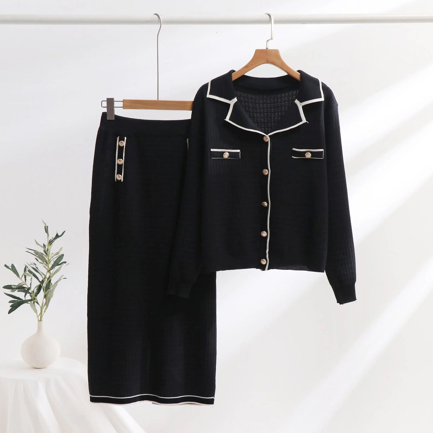 Chloé Montclair Elan Fall Set For Women Elegant Textured Knit Polo Neck Cardigan With Button Detail Slim Fit Skirt