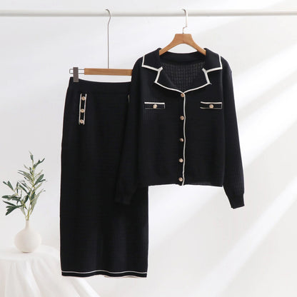 Chloé Montclair Elan Fall Set For Women Elegant Textured Knit Polo Neck Cardigan With Button Detail Slim Fit Skirt