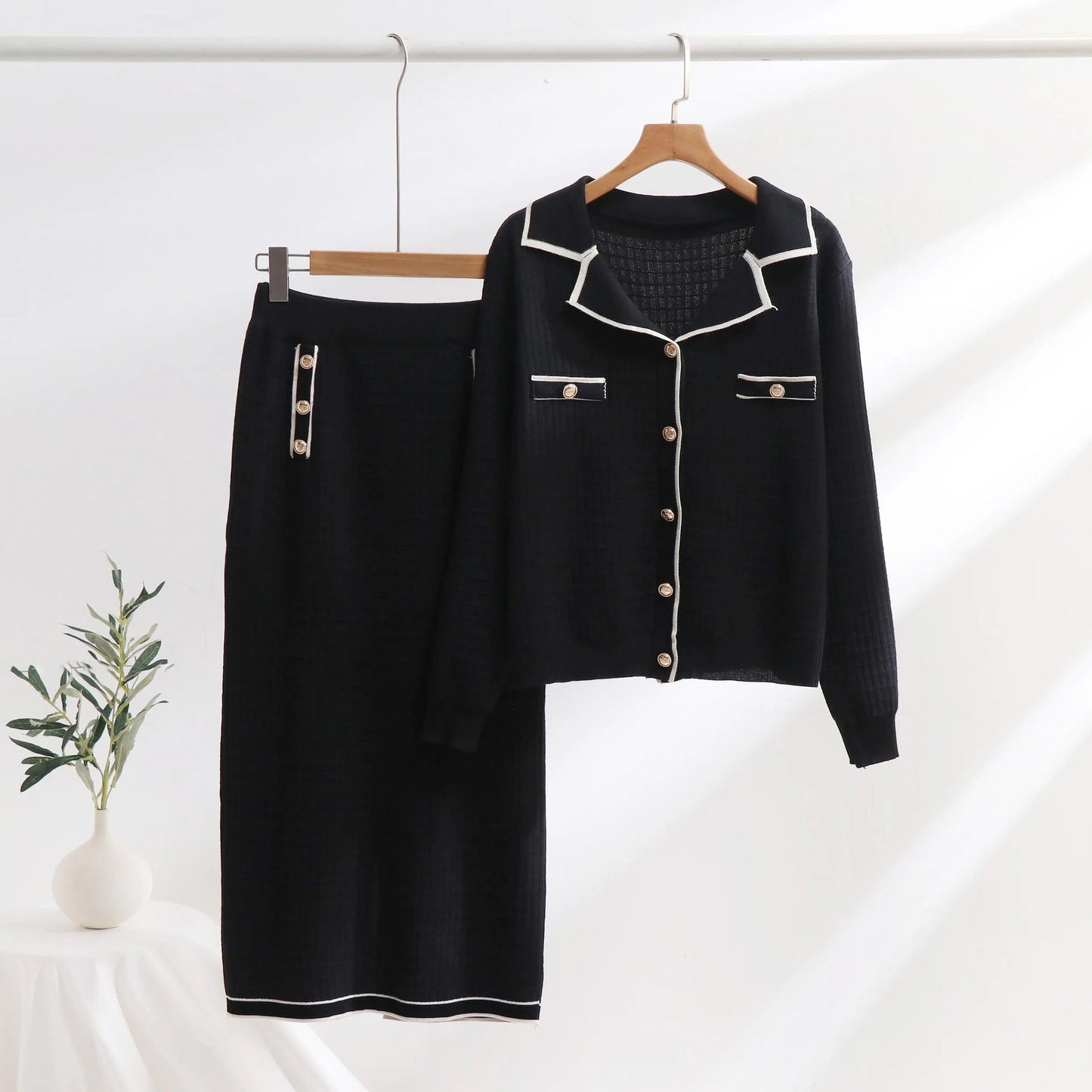Women’s Knit Two-Piece Set – Polo-Neck Cardigan – Slim Pencil Skirt – Textured Pattern