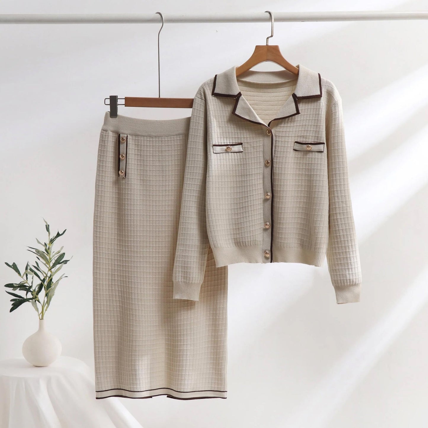 Women’s Knit Two-Piece Set – Polo-Neck Cardigan – Slim Pencil Skirt – Textured Pattern