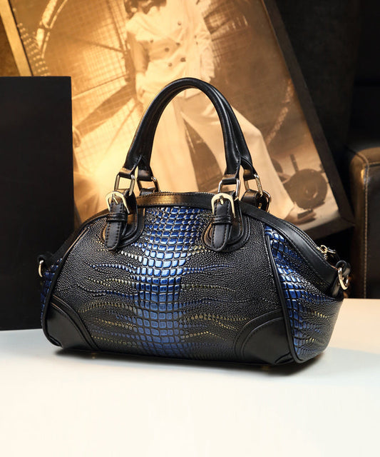 Sac fourre-tout élégant et polyvalent en cuir de veau noir et bleu - TrendAura
