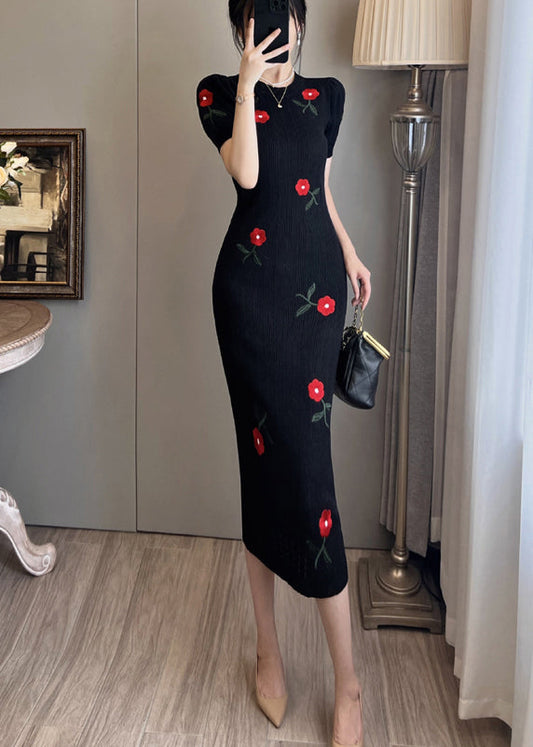 Robes portefeuille brodées à fleurs noires élégantes pour l'été - TrendAura