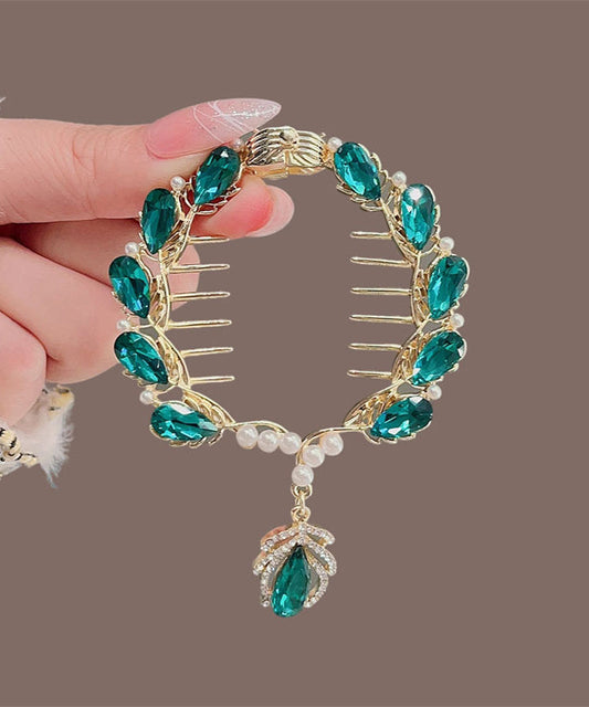 Épingle à cheveux élégante en alliage vert avec perles de zircon et cristal - TrendAura