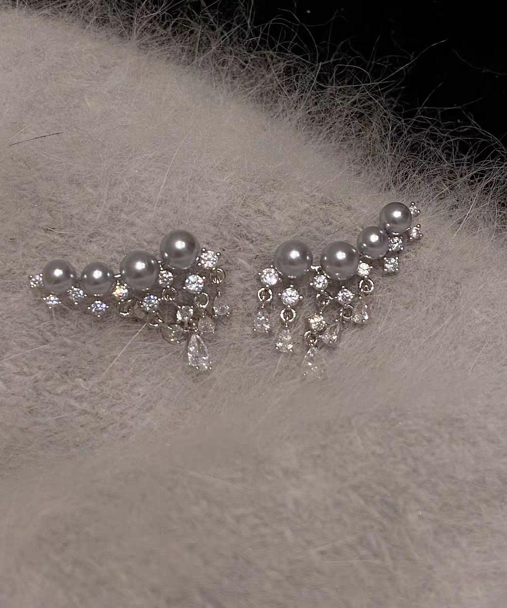 Boucles d'oreilles à pampilles en perles de zircon surdorées en cuivre gris élégant - TrendAura