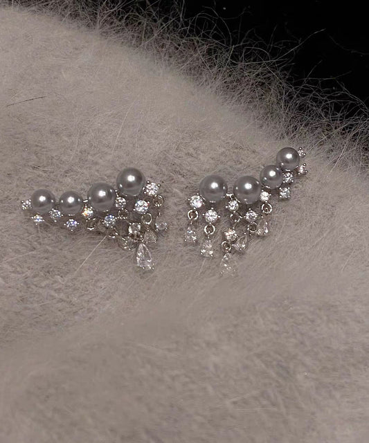 Boucles d'oreilles à pampilles en perles de zircon surdorées en cuivre gris élégant - TrendAura