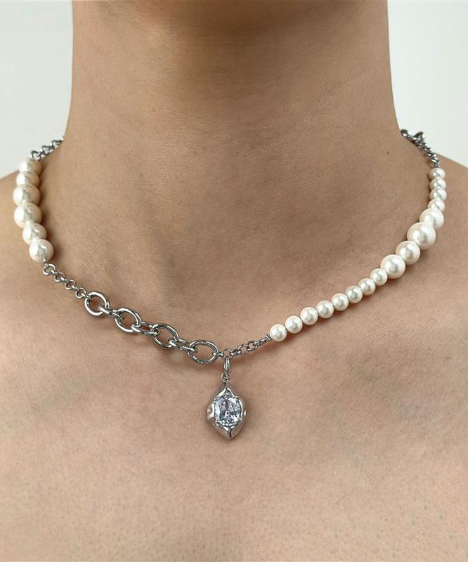 Collier élégant en soie, acier inoxydable, perle, goutte d'eau, zircon - TrendAura