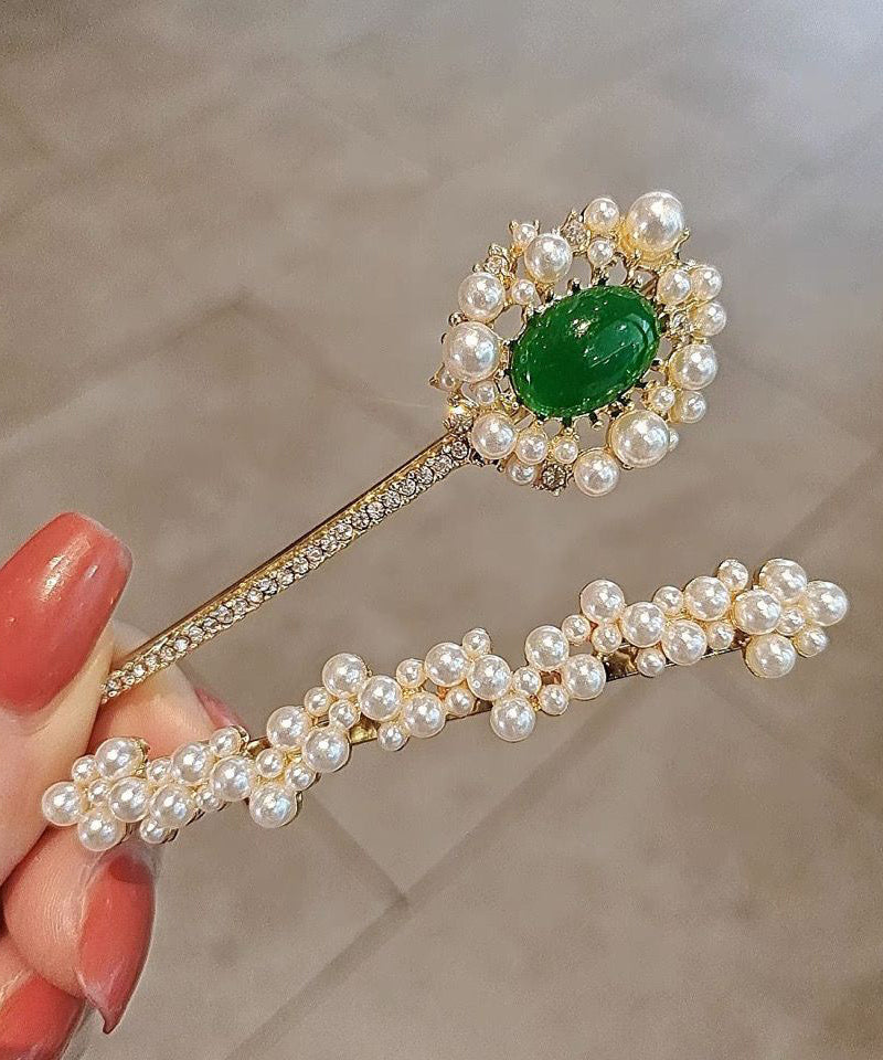 Ensemble élégant de deux épingles à cheveux en cuivre blanc surdoré, zircon, perle et émeraude - TrendAura