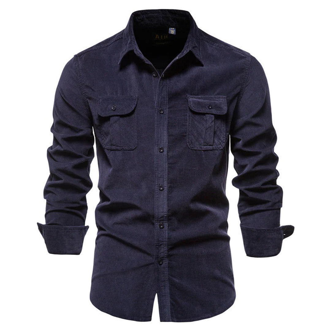 Men's Khaki Button Up Shirt With Chest Pockets Tailored Fit Long Sleeves Casual Workwear