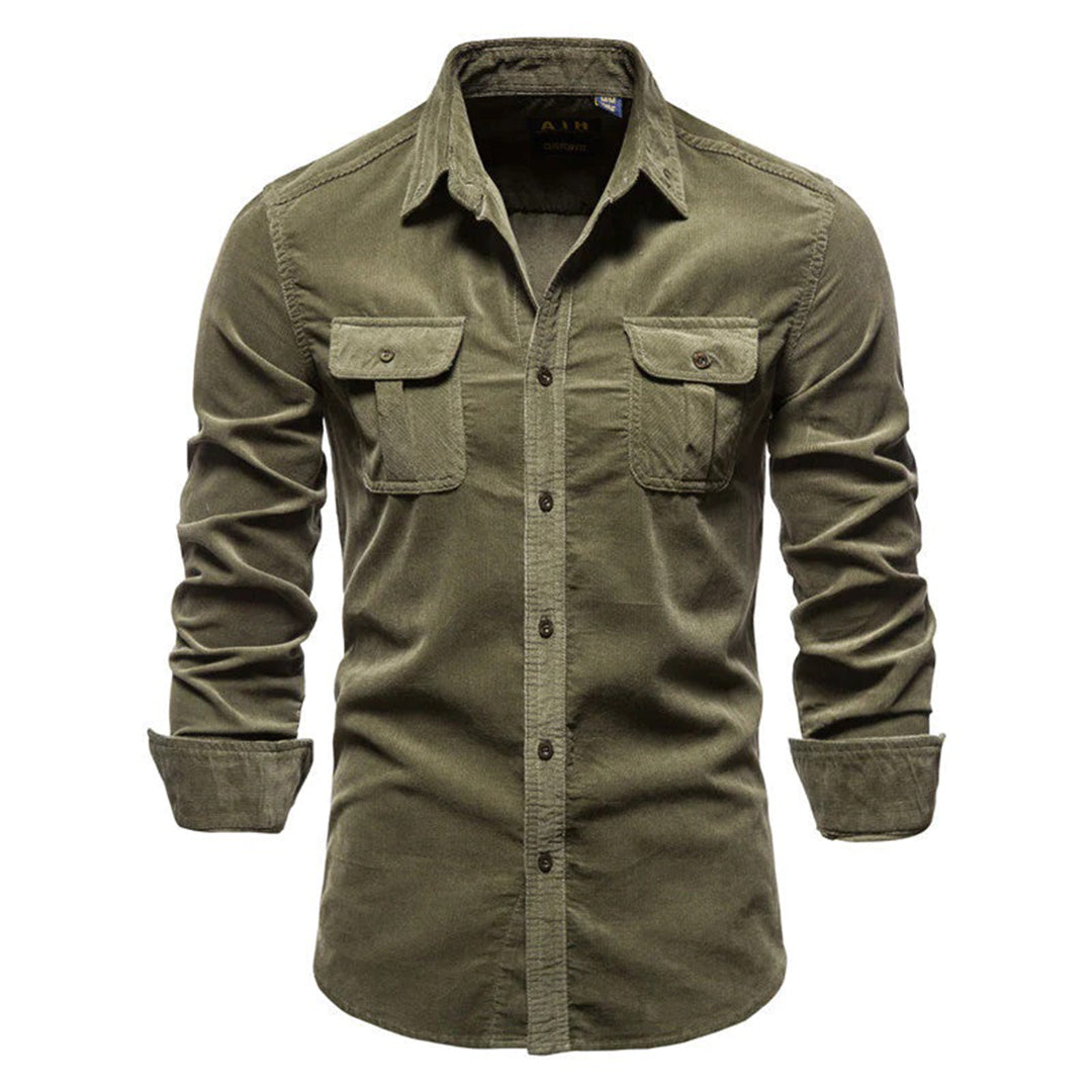 Men's Khaki Button Up Shirt With Chest Pockets Tailored Fit Long Sleeves Casual Workwear