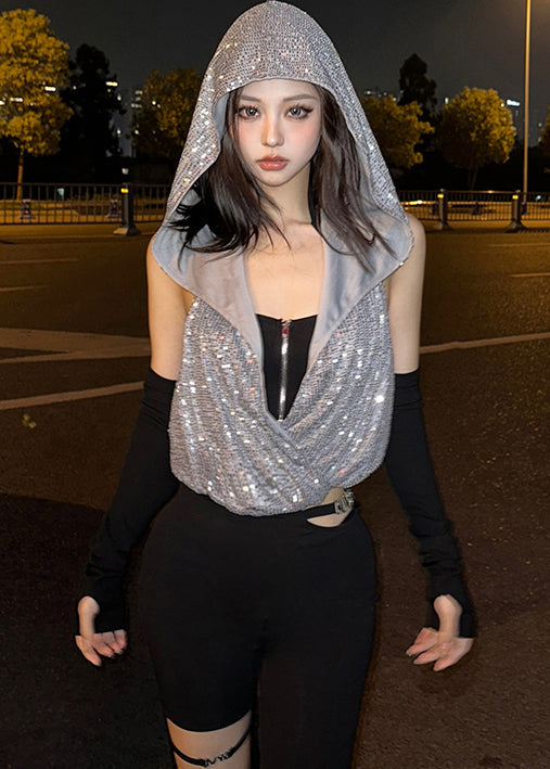 Ensemble deux pièces t-shirt à capuche et col zippé à paillettes - TrendAura