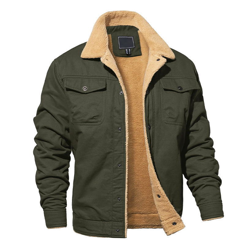 Men's Cotton Cargo Jacket With Fleece Lining For Cold Weather Durable Rugged Everyday Outerwear