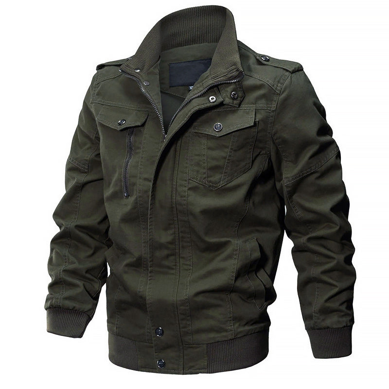 Mens Cotton Military Bomber Jacket By TrendAura Durable Shell Elastic Cuffs Zipper And Button Closure Multiple Pockets