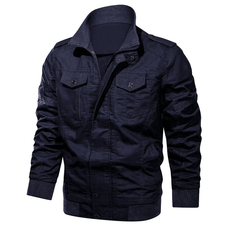 Mens Cotton Military Bomber Jacket By TrendAura Durable Shell Elastic Cuffs Zipper And Button Closure Multiple Pockets