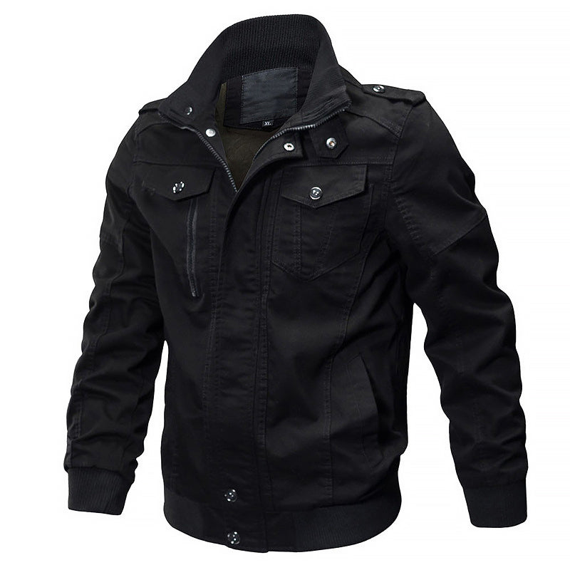 Mens Cotton Military Bomber Jacket By TrendAura Durable Shell Elastic Cuffs Zipper And Button Closure Multiple Pockets
