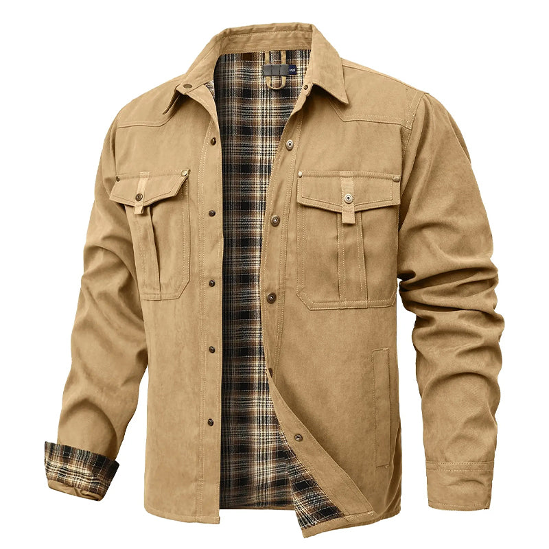 Mens Cowboy Flannel Lined Shirt Jacket With Red Plaid Lining Front Chest Pockets Durable Western Outerwear