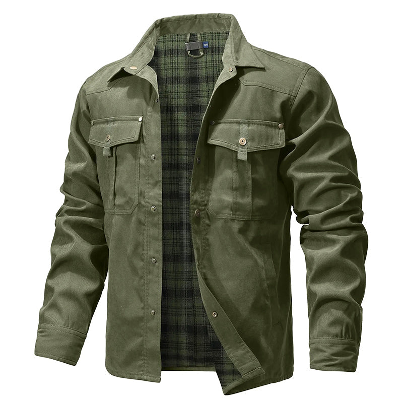 Mens Cowboy Flannel Lined Shirt Jacket With Red Plaid Lining Front Chest Pockets Durable Western Outerwear