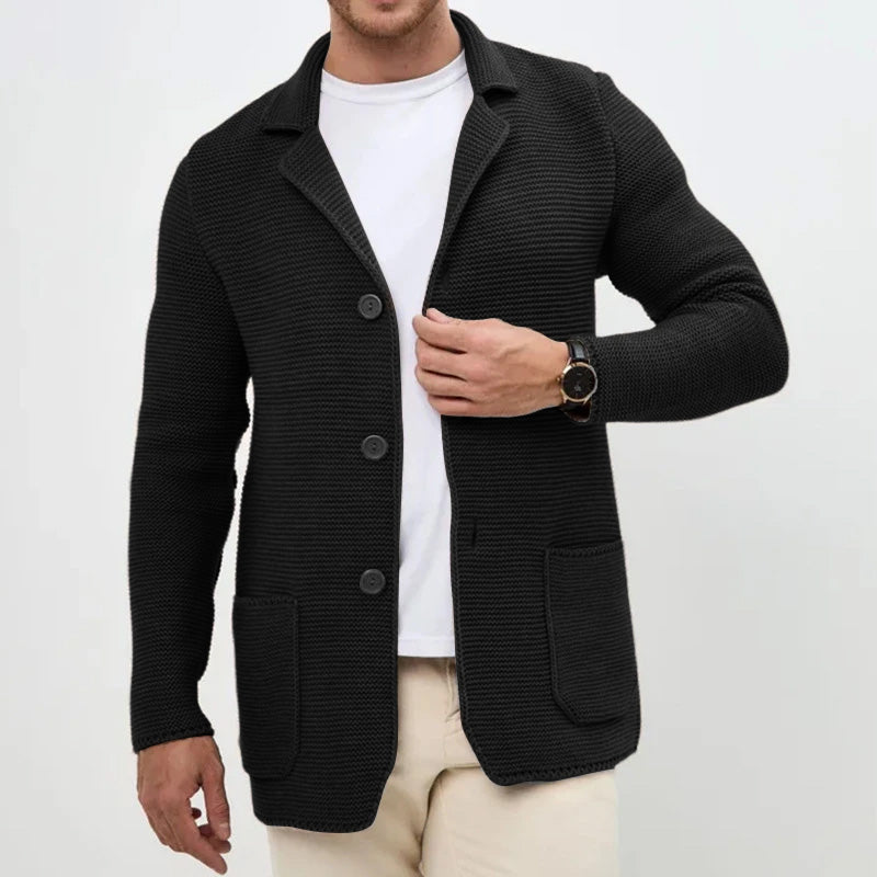 TrendAura Cozy Button-Front Knitted Men's Cardigan With Turn-Down Collar And Pockets