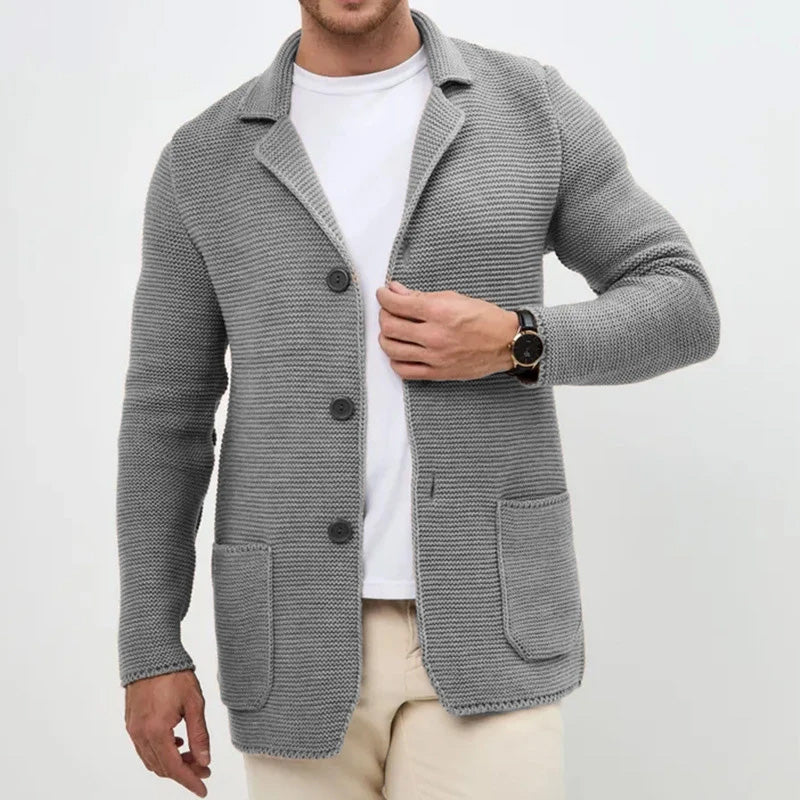 TrendAura Cozy Button-Front Knitted Men's Cardigan With Turn-Down Collar And Pockets