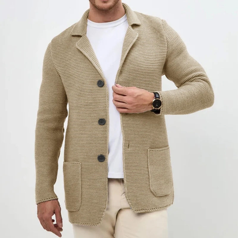 TrendAura Cozy Button-Front Knitted Men's Cardigan With Turn-Down Collar And Pockets