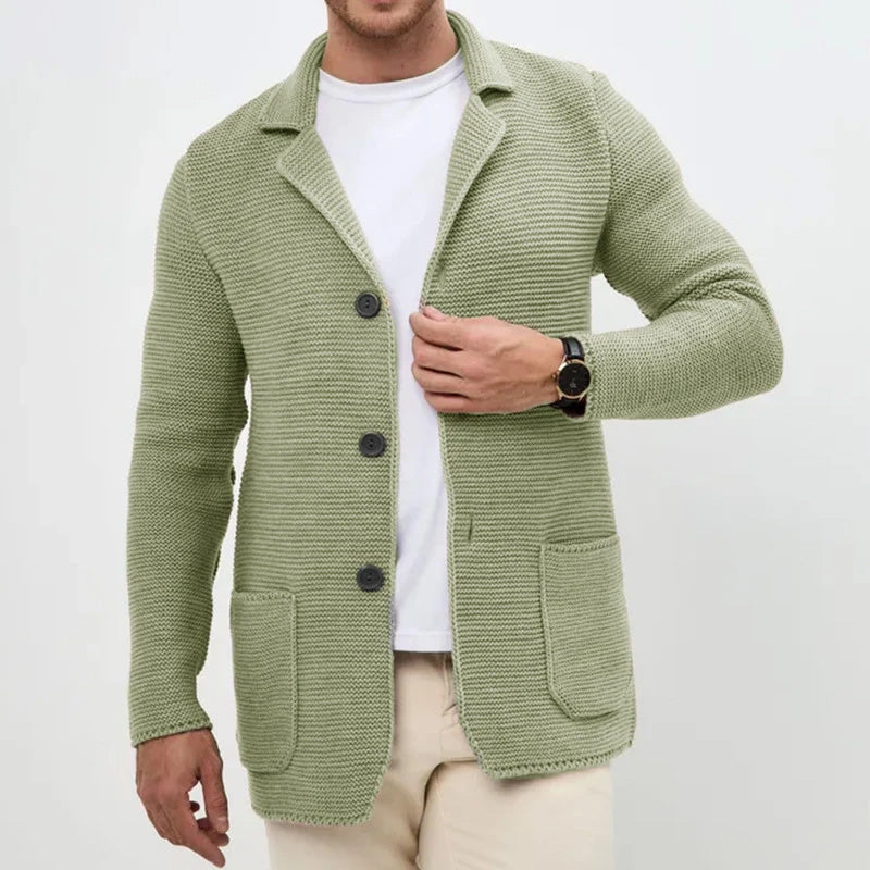 TrendAura Cozy Button-Front Knitted Men's Cardigan With Turn-Down Collar And Pockets