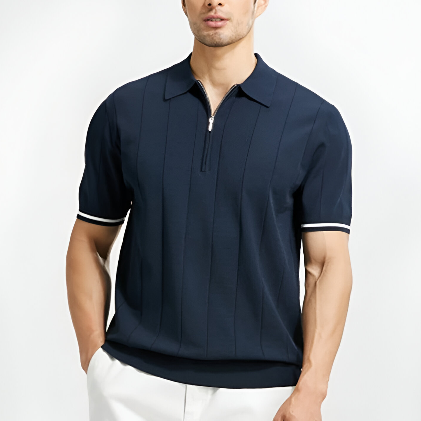 Valerio Zip Polo Short Sleeve Knit Polo With Quarter Zip Closure And Contrast Sleeve Trim