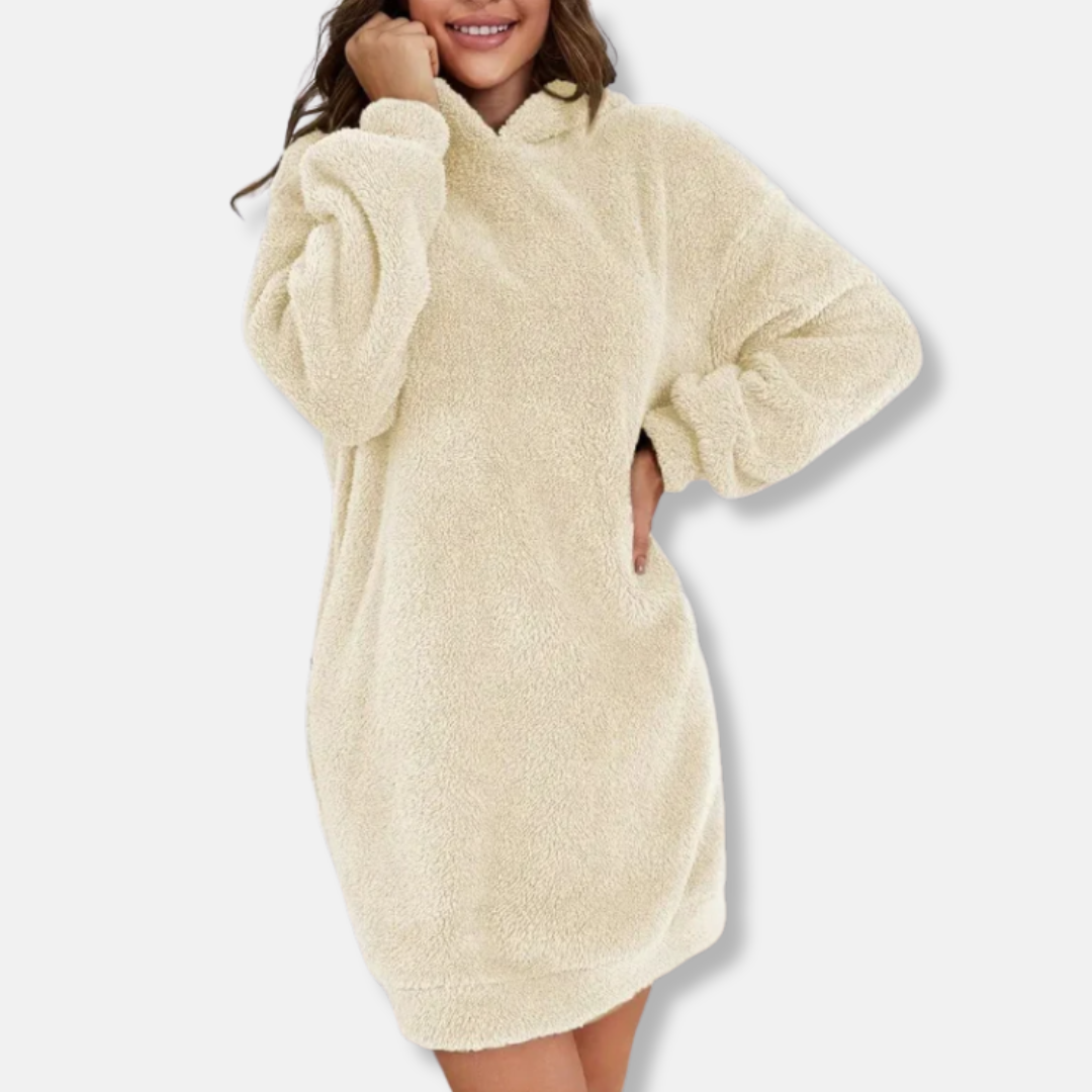 Women’s Hoodie Dress – Fleece Texture – Oversized Fit – Long Sleeve Mini Lounge Wear