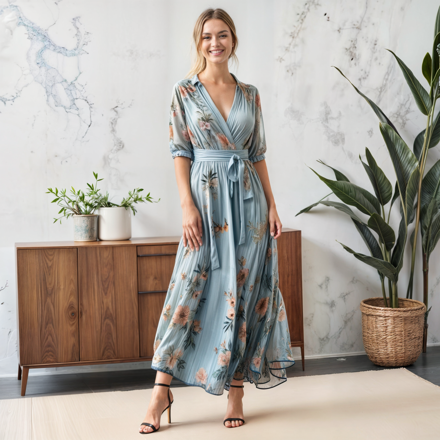 Women's V-Neck Midi Dress with Flowy Design and Adjustable Straps