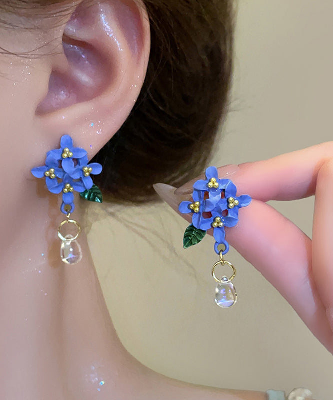 Boucles d'oreilles pendantes en résine et alliage bleu, motif floral, émail cuit - TrendAura