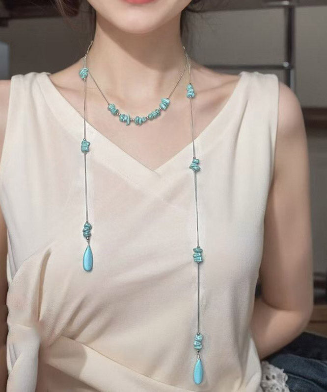 Collier pendentif pull en acier inoxydable bleu avec perles turquoises - TrendAura