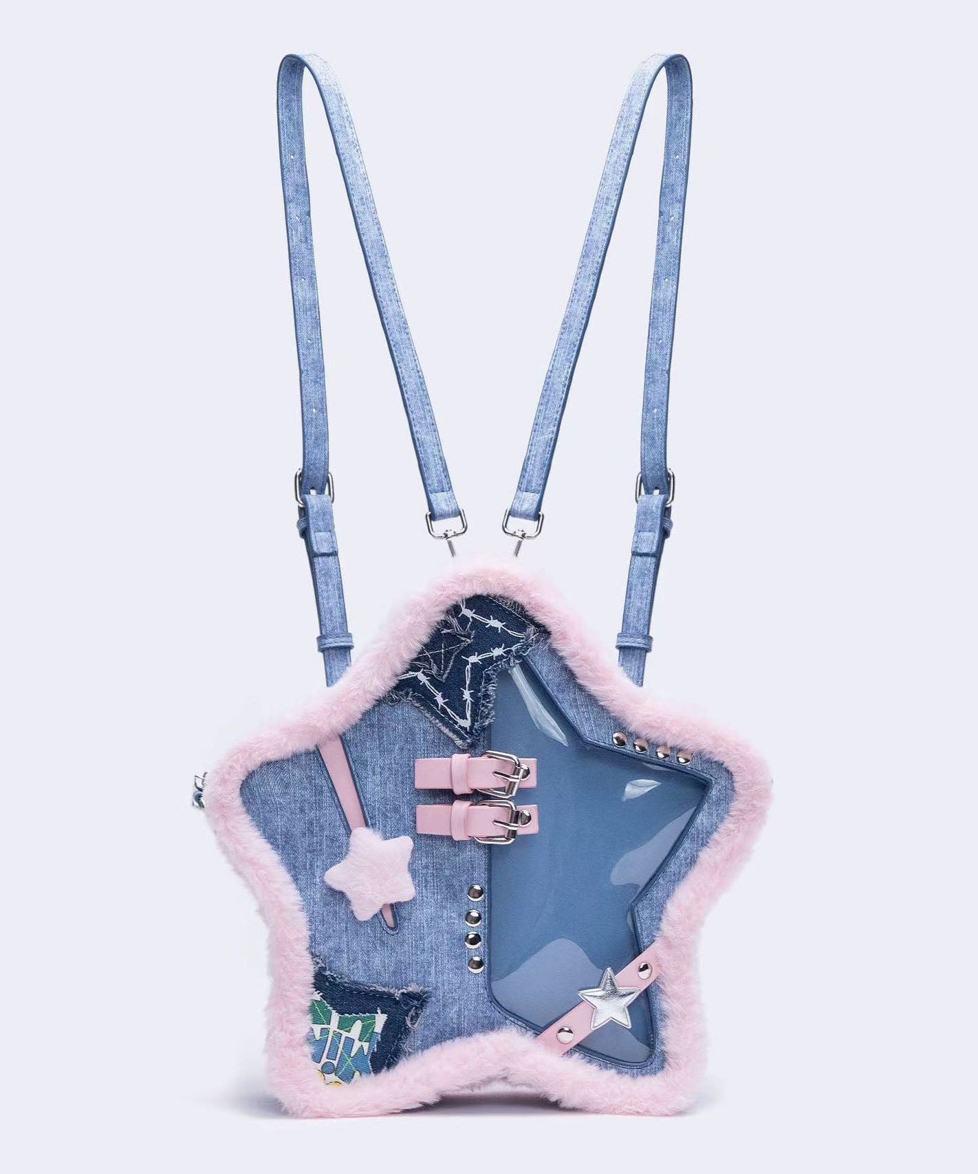 Sac à dos patchwork en denim bleu en forme d'étoile - TrendAura