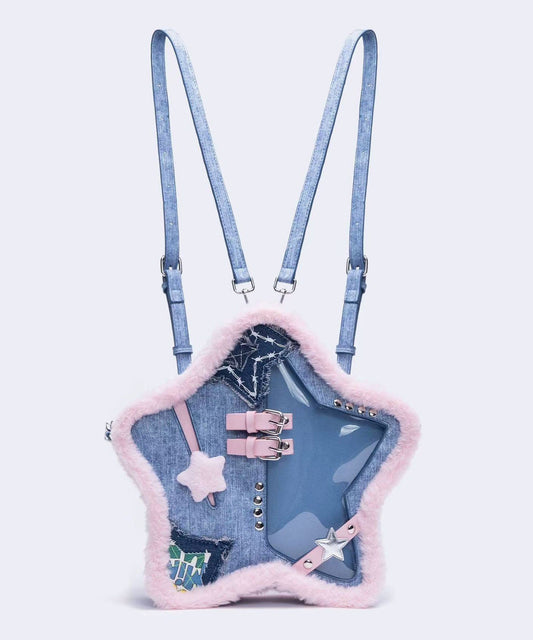 Sac à dos patchwork en denim bleu en forme d'étoile - TrendAura