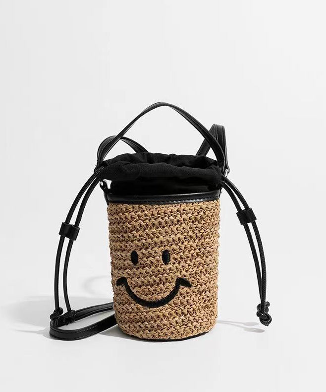 Sac seau en paille tissée avec cordon de serrage et joli sourire kaki - TrendAura