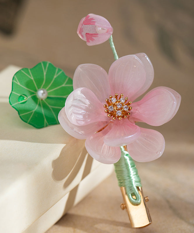 Épingle à cheveux mignonne en alliage rose, mousseline, glaçure colorée, perle et pompon lotus - TrendAura