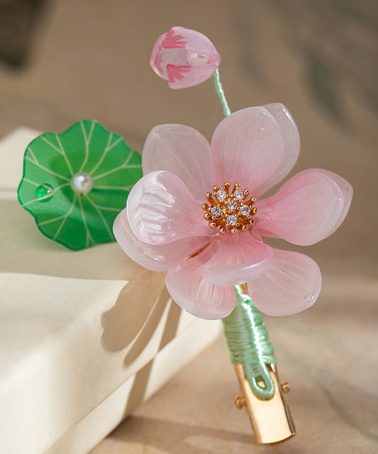 Épingle à cheveux mignonne en alliage rose, mousseline, glaçure colorée, perle et pompon lotus - TrendAura