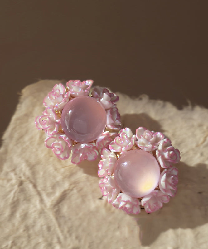 Boucles d'oreilles à tige florales en alliage rose avec pierre œil de chat incrustée - TrendAura