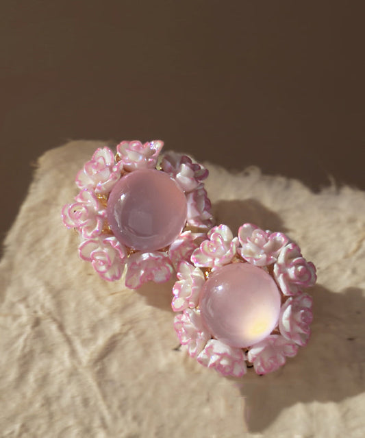 Boucles d'oreilles à tige florales en alliage rose avec pierre œil de chat incrustée - TrendAura