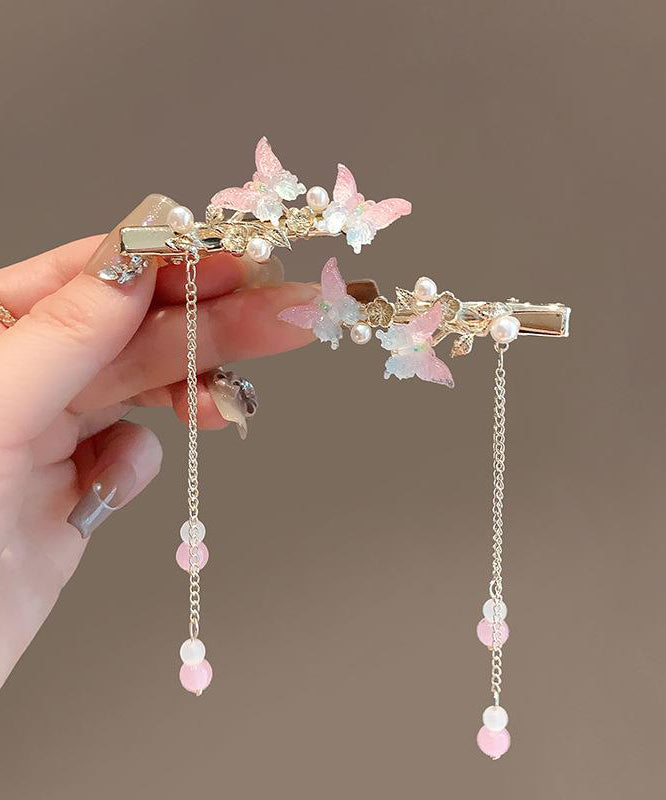 Jolie épingle à cheveux à pompon en alliage rose avec perles et papillon - TrendAura