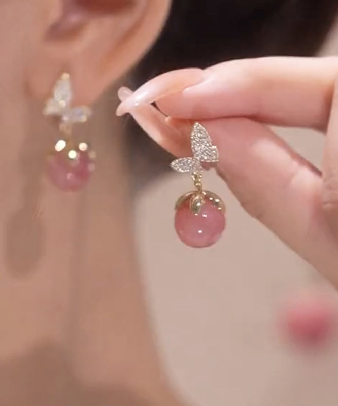 Boucles d'oreilles à tige en alliage de zircon rose avec pierre œil de chat et papillon - TrendAura